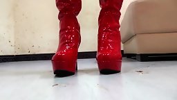 Pretty Chinese Girl Wear Hot Red Boots